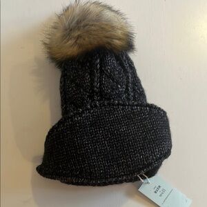 Black Knit Beanie with Faux Fur Pom